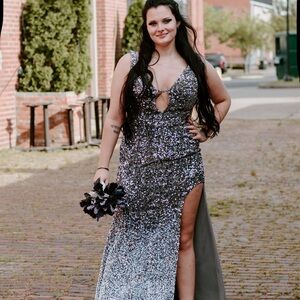 Black and Silver Sequin Embellished Prom Gown